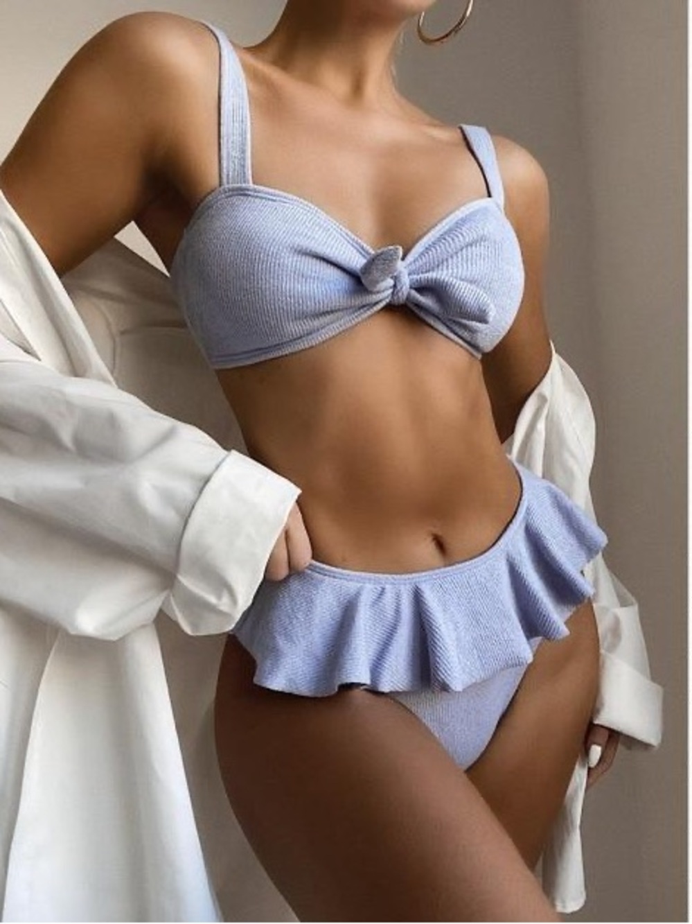 SHEIN: Light Blue Ribbed Ruffle Bikini Set